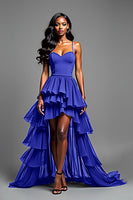 Laden Sie das Bild in den Galerie-Viewer, Spaghettiträger Schwarzes Langes Ballkleid mit Rüschen