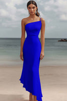 Laden Sie das Bild in den Galerie-Viewer, Meerjungfrau Weißes Langes Standesamtkleid mit einer Schulter und Rüschen