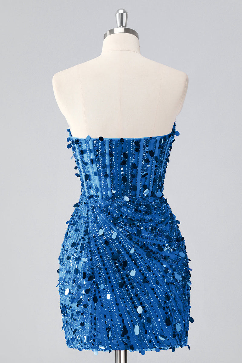 Laden Sie das Bild in den Galerie-Viewer, Glitzerndes Fuchsia Kurzes Trägerloses Enges Korsett Pailletten Cocktailkleid mit Perlenstickerei