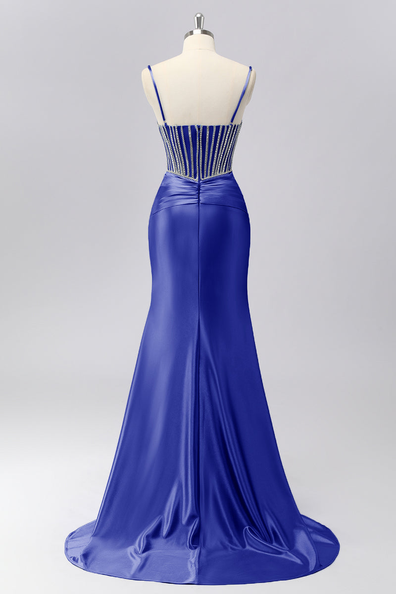 Laden Sie das Bild in den Galerie-Viewer, Glitzerndes Grau-blaues Spaghettiträger Meerjungfrauen Satin Ballkleid mit Strasssteinen