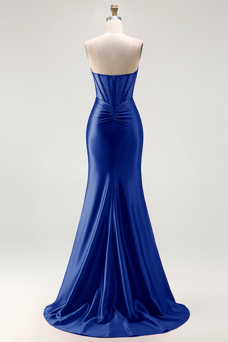 Laden Sie das Bild in den Galerie-Viewer, Rotes Trägerloses Meerjungfrauen Korsett Gerafftes Satin Langes Ballkleid mit Schlitz