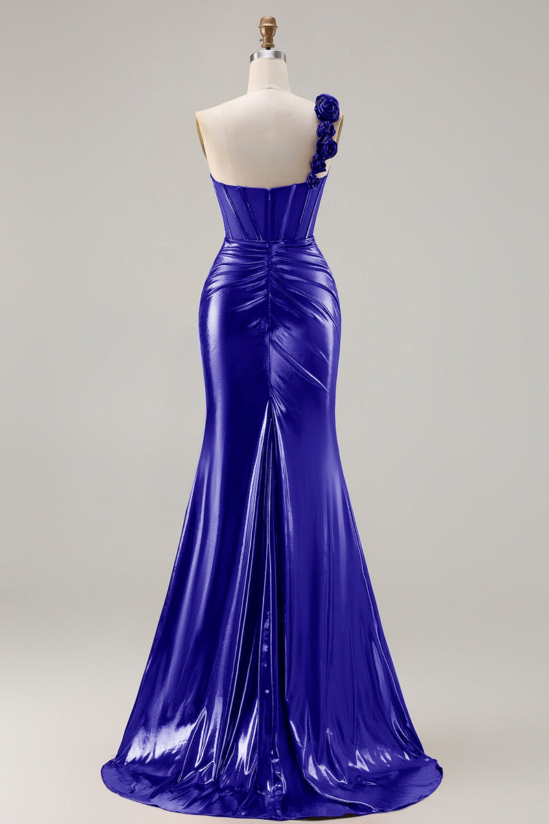 Laden Sie das Bild in den Galerie-Viewer, Metallisches Burgunderrotes Meerjungfrauen Langes Ballkleid mit seitlichem Schlitz und 3D-Blumen