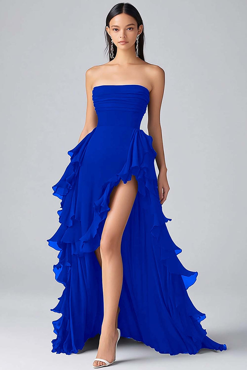 Laden Sie das Bild in den Galerie-Viewer, Schwarzes A-Linie Trägerloses Chiffon Abendkleid mit Rüschen und Schlitz