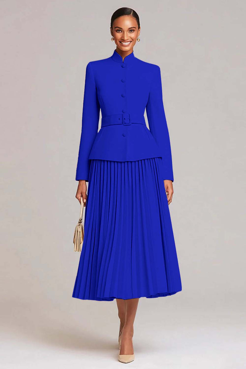 Laden Sie das Bild in den Galerie-Viewer, Hellrosa A-Linie 2-teiliges Plissiertes Arbeitskleid mit Gürtel