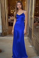 Laden Sie das Bild in den Galerie-Viewer, Spaghettiträger Kaffee Satin Langes Ballkleid