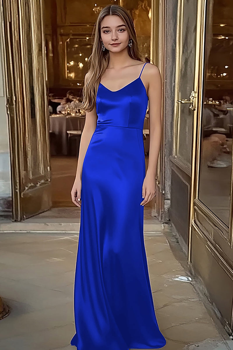 Laden Sie das Bild in den Galerie-Viewer, Spaghettiträger Kaffee Satin Langes Ballkleid