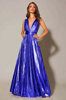 Laden Sie das Bild in den Galerie-Viewer, Goldenes Metallic A-Linie Plissee Ballkleid