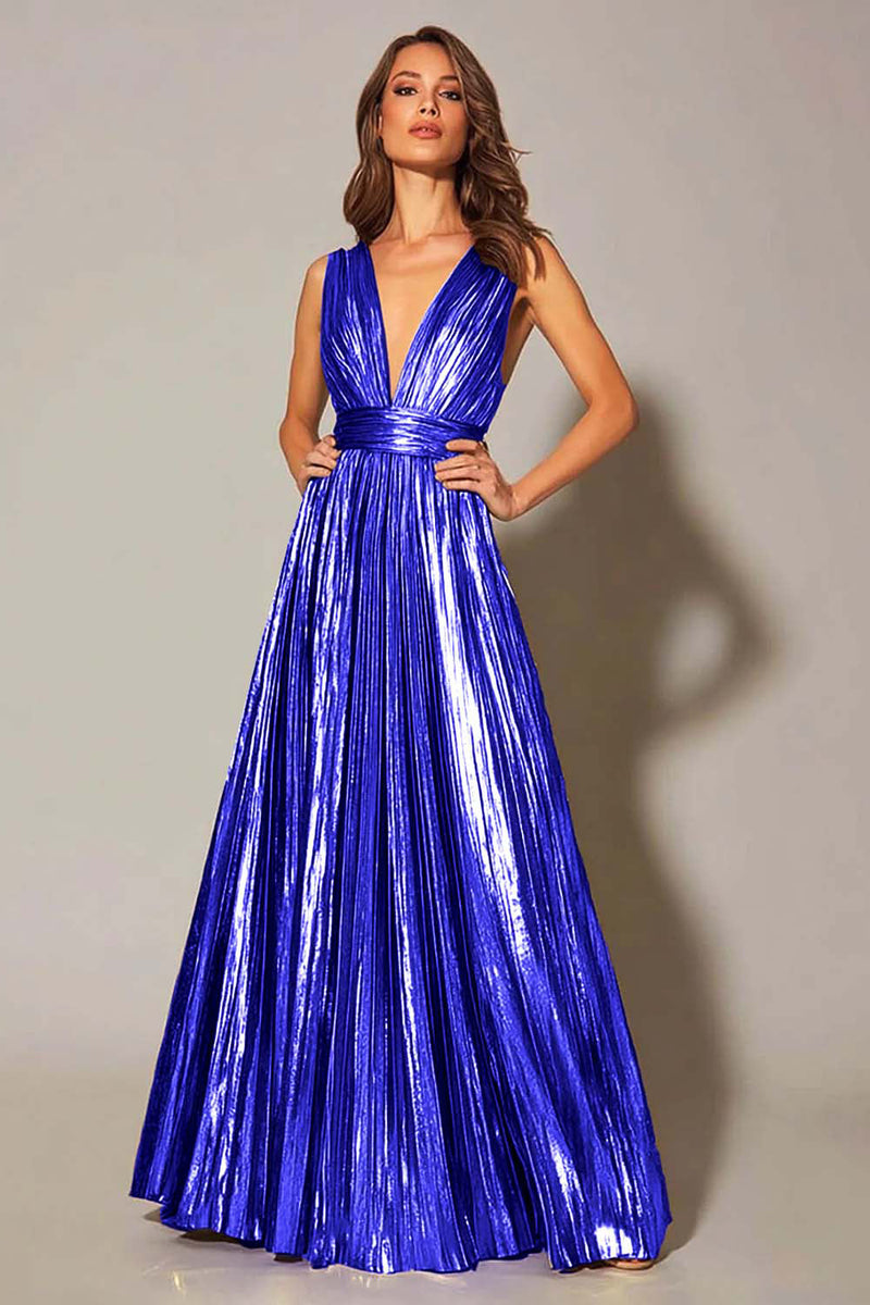 Laden Sie das Bild in den Galerie-Viewer, Goldenes Metallic A-Linie Plissee Ballkleid