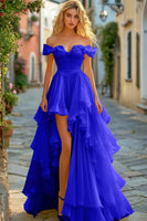 Laden Sie das Bild in den Galerie-Viewer, Gelbes Gerüschtes A-Linie Ballkleid mit Schlitz