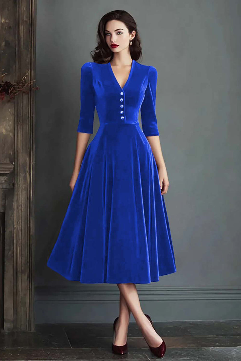 Laden Sie das Bild in den Galerie-Viewer, Burgunder A-Linie V-Ausschnitt Samt Arbeitskleid mit halben Ärmeln