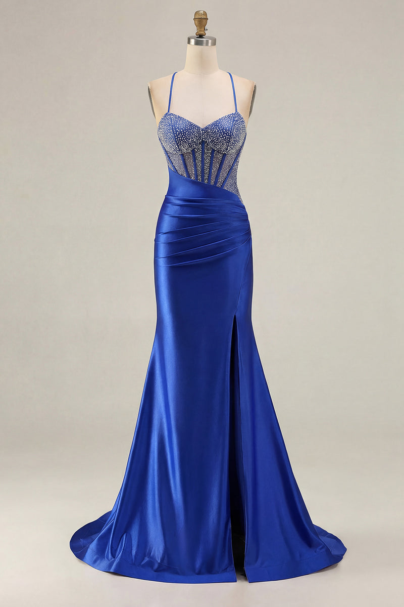 Laden Sie das Bild in den Galerie-Viewer, Rosa Perlen Meerjungfrauen Spaghettiträger Korsett Gerafftes Langes Ballkleid mit Schlitz