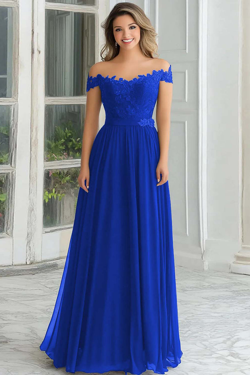 Laden Sie das Bild in den Galerie-Viewer, Elegantes Langes A-Linie Schulterfreies Marineblaues Chiffon Brautmutterkleid mit Spitzenapplikationen