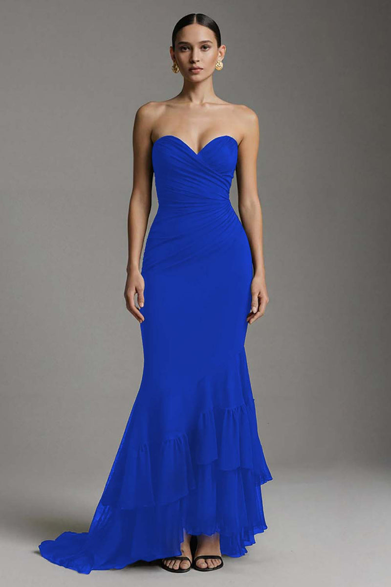 Laden Sie das Bild in den Galerie-Viewer, Schwarzes Herzausschnitt Mermaid Sweep Train Langes Ballkleid mit Rüschen