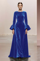 Laden Sie das Bild in den Galerie-Viewer, Dunkelgrünes A-Linie Rundhalsausschnitt Lange Ärmel Samt Ballkleider