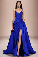Laden Sie das Bild in den Galerie-Viewer, Dunkelblaues Spaghettiträgern Abendkleid aus Satin in A-Linie mit Schlitz
