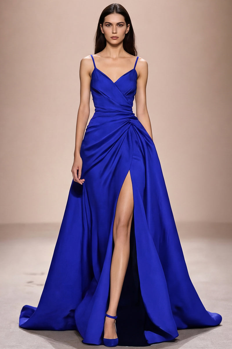 Laden Sie das Bild in den Galerie-Viewer, Dunkelblaues Spaghettiträgern Abendkleid aus Satin in A-Linie mit Schlitz