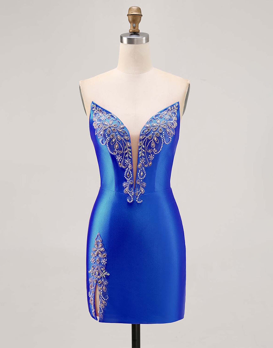 Laden Sie das Bild in den Galerie-Viewer, Fuchsia Trägerloses Perlenbesetztes Figurbetontes Abiballkleid mit Schlitz