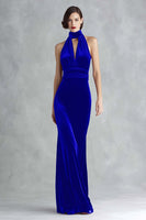 Laden Sie das Bild in den Galerie-Viewer, Burgunderrotes Samt Neckholder Schlüsselloch Langes Ballkleid