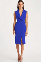 Laden Sie das Bild in den Galerie-Viewer, Himmelblaues Knielanges Schal-Revers Arbeitskleid aus Satin mit Schlitz