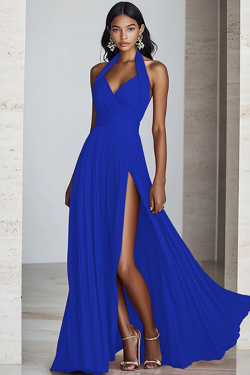 Laden Sie das Bild in den Galerie-Viewer, Schwarzes A-Linie Neckholder Chiffon Langes Plissiertes Ballkleid