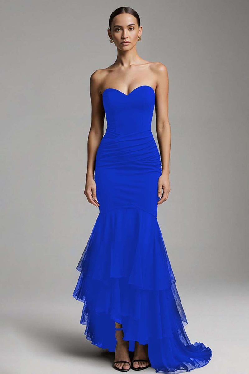 Laden Sie das Bild in den Galerie-Viewer, Schwarzes Meerjungfrau Herzausschnitt Sweep Train Maxi Ballkleid mit Rüschen