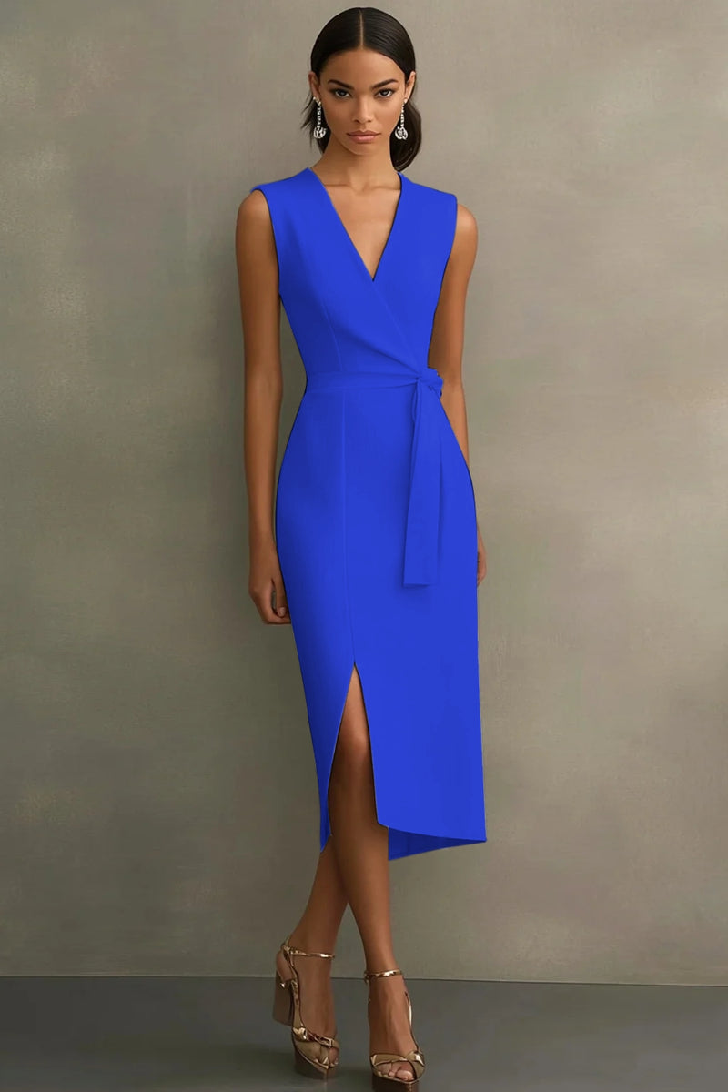 Laden Sie das Bild in den Galerie-Viewer, Weißes Satin Standesamtkleid mit V-Ausschnitt und Gürtel