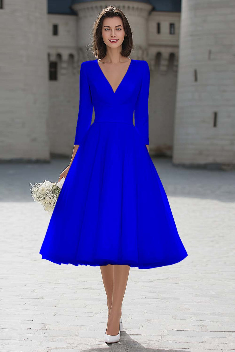 Laden Sie das Bild in den Galerie-Viewer, A-Linie Elfenbein Midi Standesamtkleid mit V-Ausschnitt