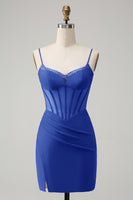 Laden Sie das Bild in den Galerie-Viewer, Glitter Fuchsia Perlen Enges Korsett Kurzes Abiballkleid mit Schlitz