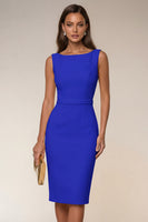 Laden Sie das Bild in den Galerie-Viewer, Elfenbeinfarbener Bodycon Bateau-Ausschnitt Midi-Arbeitskleid mit ärmellosem Kleid