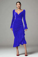 Laden Sie das Bild in den Galerie-Viewer, Samt Mermaid Burgunder Langärmeliges Midikleid mit Rüschen