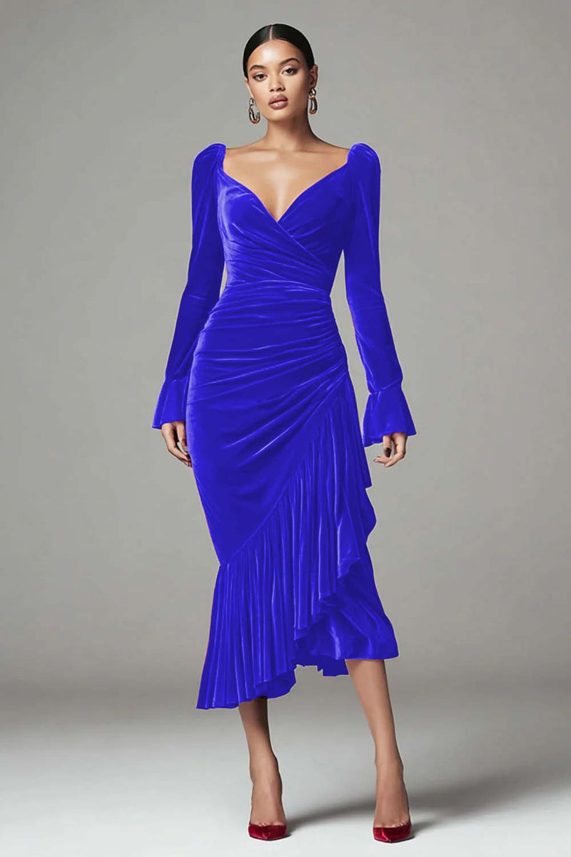 Laden Sie das Bild in den Galerie-Viewer, Samt Mermaid Burgunder Langärmeliges Midikleid mit Rüschen