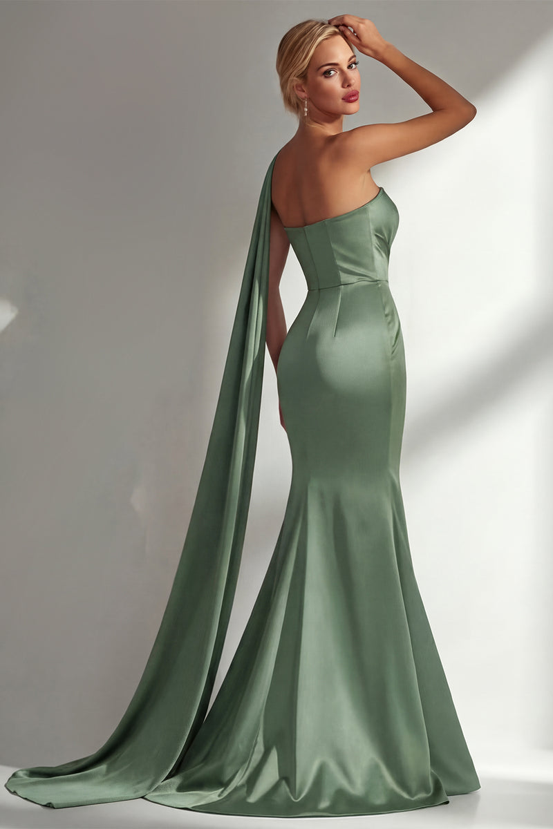 Laden Sie das Bild in den Galerie-Viewer, Bordeauxrotes Trägerloses Meerjungfrauen Satin Konvertierbares Langes Ballkleid mit Girlande
