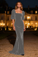 Laden Sie das Bild in den Galerie-Viewer, Marineblaues Meerjungfrau Quadratischer Ausschnitt Puffärmel Samt Langes Ballkleid