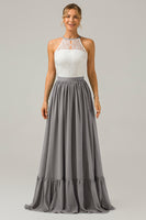 Laden Sie das Bild in den Galerie-Viewer, Blush Rosa Schlüsselloch Boho Chiffon Langes Brautjungfernkleid mit Spitze