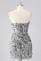 Laden Sie das Bild in den Galerie-Viewer, Glitzerndes Fuchsia Kurzes Trägerloses Enges Korsett Pailletten Cocktailkleid mit Perlenstickerei