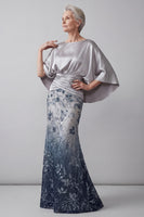 Laden Sie das Bild in den Galerie-Viewer, Glitzernde Meerjungfrau Langes florale marineblaue Pailletten Mutter der Braut Kleid