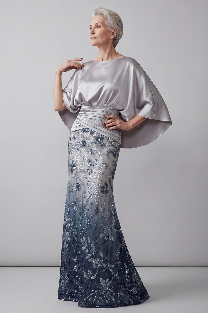Laden Sie das Bild in den Galerie-Viewer, Glitzernde Meerjungfrau Langes florale marineblaue Pailletten Mutter der Braut Kleid