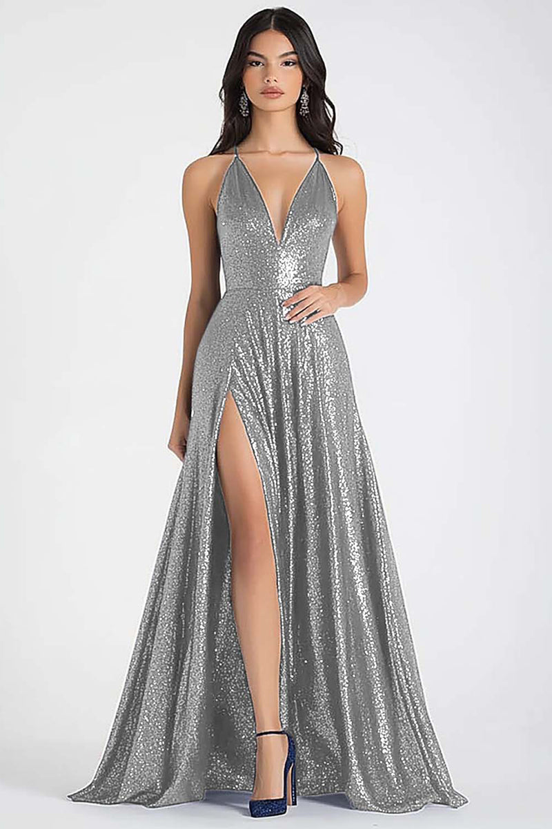 Laden Sie das Bild in den Galerie-Viewer, Glitzerndes Marineblaues A-Linie Spaghettiträger Pailletten Langes Ballkleid mit Schlitz