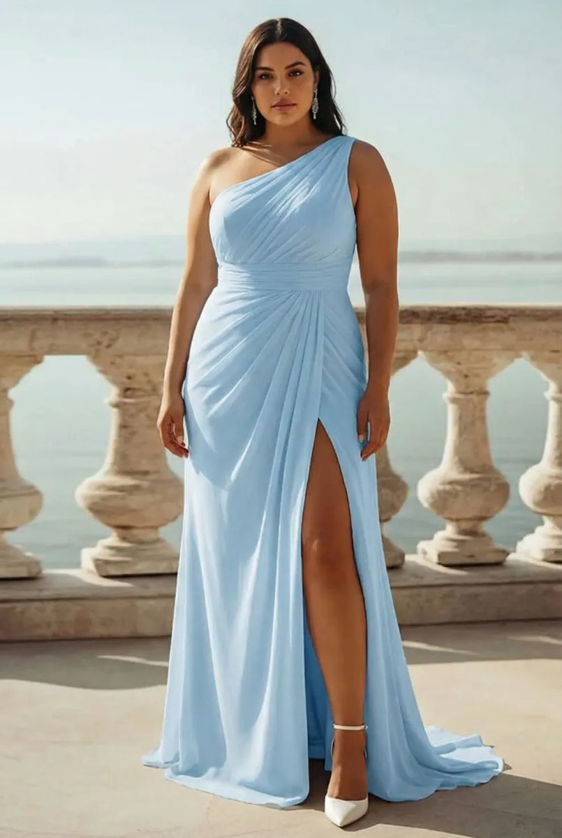 Laden Sie das Bild in den Galerie-Viewer, Chiffon Elfenbein Eine Schulter Maxi Etui Strand Standesamt Kleid mit Schlitz