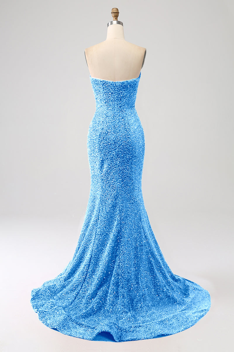 Laden Sie das Bild in den Galerie-Viewer, Fuchsia Herzausschnitt Pailletten Meerjungfrau Ballkleid mit Pinsel Schleppe