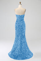 Laden Sie das Bild in den Galerie-Viewer, Rotes trägerloses Pailletten langes Meerjungfrauen Ballkleid mit Schlitz