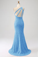 Laden Sie das Bild in den Galerie-Viewer, Mermaid Eine Schulter Fuchsia Pailletten Langes Ballkleid mit Schlitz