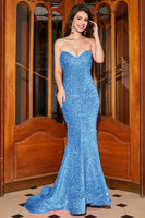 Laden Sie das Bild in den Galerie-Viewer, Langes Meerjungfrau Herzausschnitt Fuchsia Pailletten Ballkleid