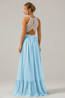 Laden Sie das Bild in den Galerie-Viewer, Blush Rosa Schlüsselloch Boho Chiffon Langes Brautjungfernkleid mit Spitze