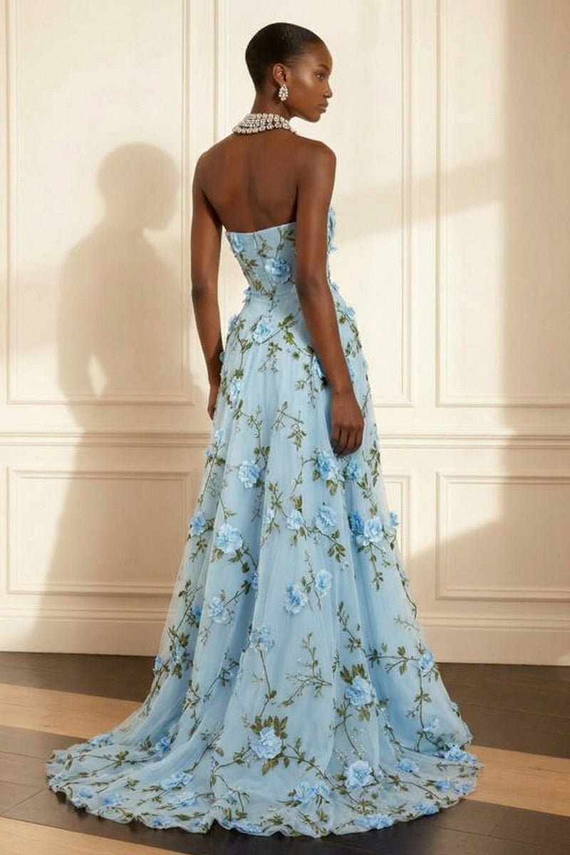 Laden Sie das Bild in den Galerie-Viewer, Lila Trägerloses Appliziertes Langes Ballkleid in A-Linie mit 3D-Blumen