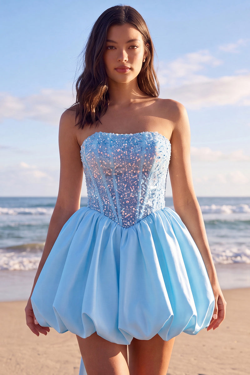 Laden Sie das Bild in den Galerie-Viewer, Sprakly Trägerloses Perlenbesetztes Korsett Kleines weißes Kleid mit Schleife