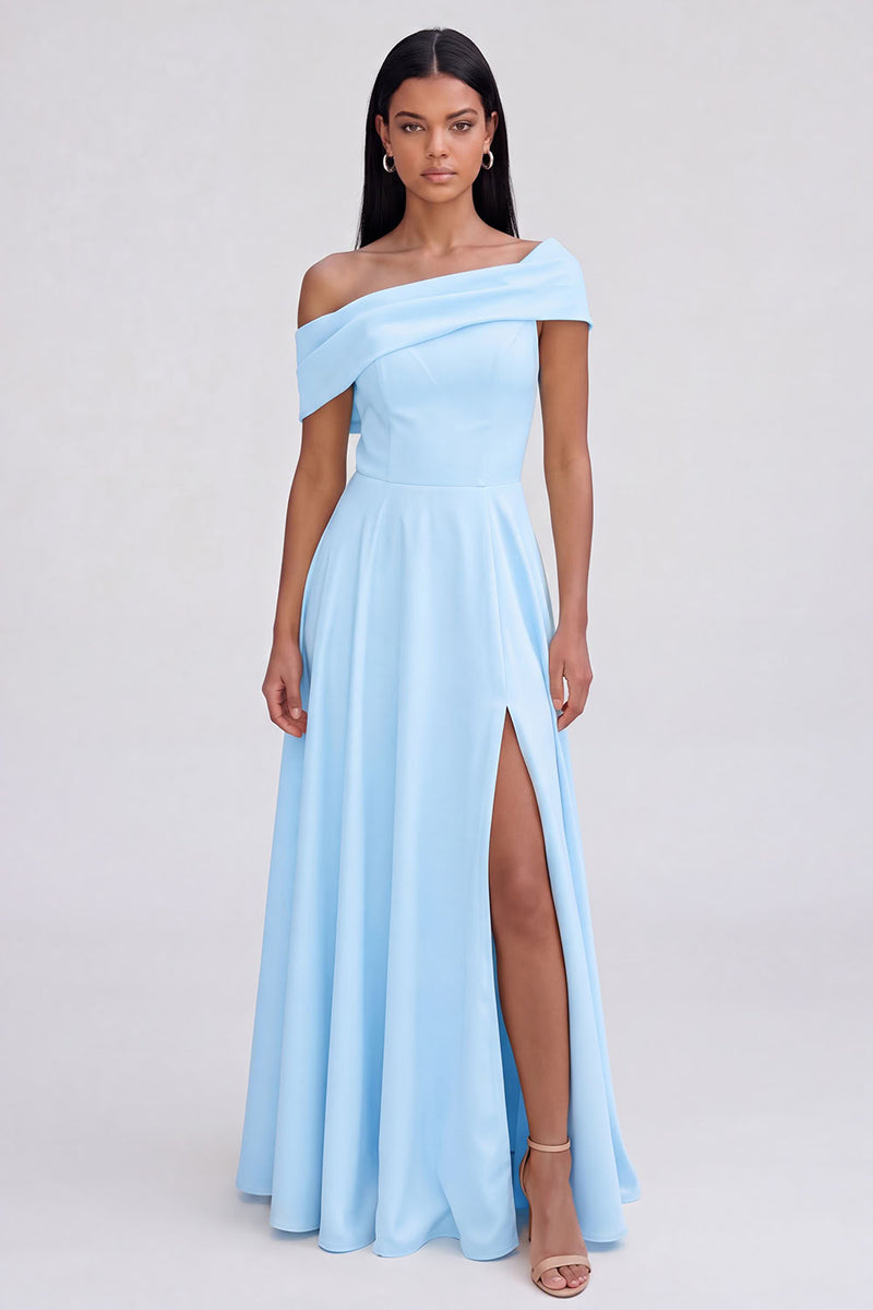 Laden Sie das Bild in den Galerie-Viewer, Gelbes A-Linie Maxikleid mit Einschultern und Schlitz