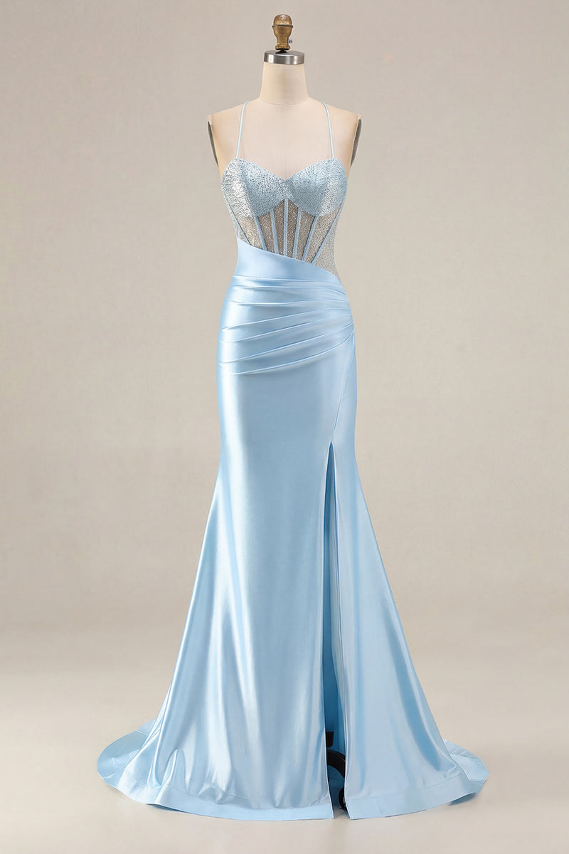 Laden Sie das Bild in den Galerie-Viewer, Rosa Perlen Meerjungfrauen Spaghettiträger Korsett Gerafftes Langes Ballkleid mit Schlitz
