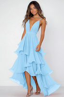 Laden Sie das Bild in den Galerie-Viewer, Rotes Gestuftes Ballkleid aus Chiffon mit Spaghettiträgern und Rüschen