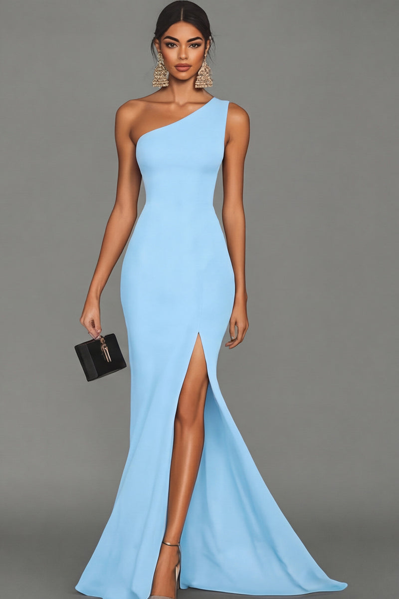 Laden Sie das Bild in den Galerie-Viewer, Meerjungfrau Schwarzes formelles One-Shoulder-Kleid mit Schlitz